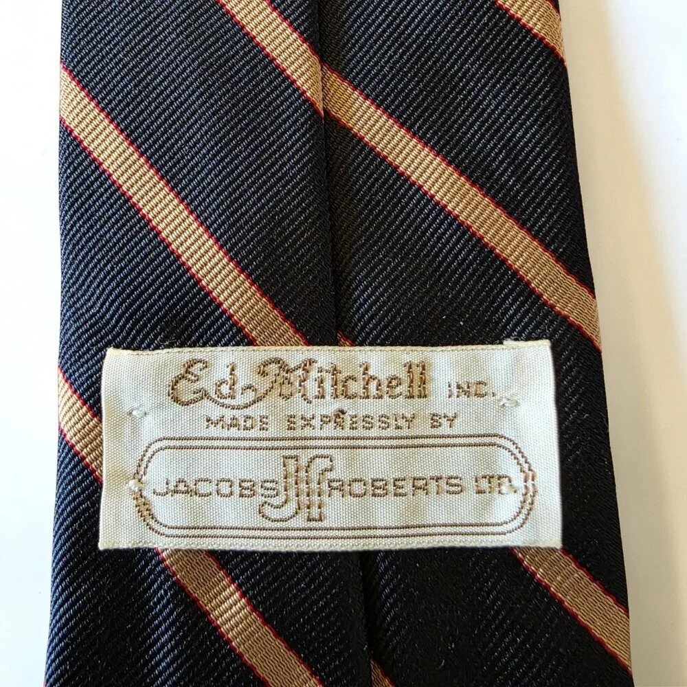 Ed Mitchell Hand Sewn Silk Tie Black Gold Red Stripe English Twill